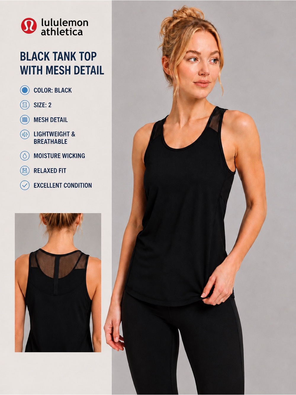 Lululemon Athletica Black Mesh Detail Athletic Tank Top Size 2